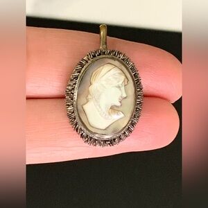 Antique 800 Silver Mother of Pearl Cameo Pendant - Hand Carved Lady Portrait